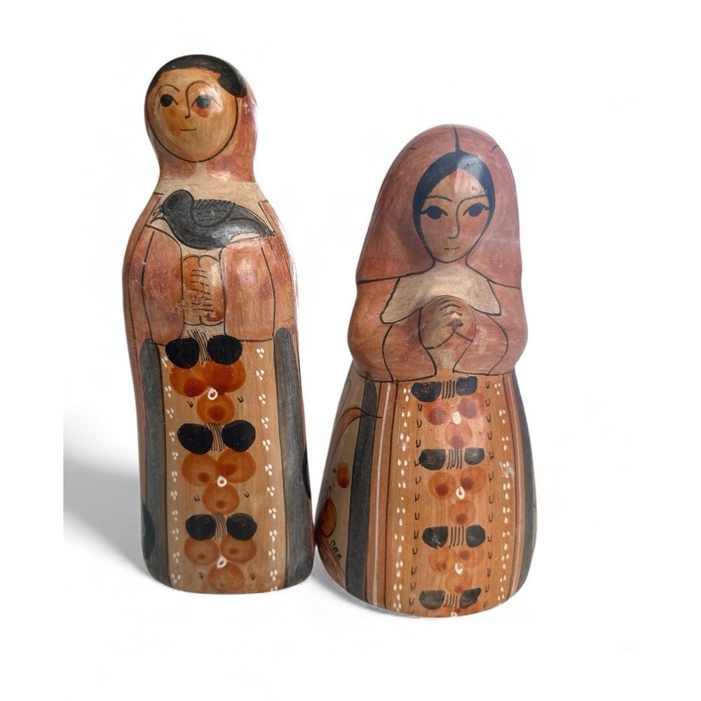 Mexican Hand‎ Painted Folk Art Burnished Clay Tonala Style Mary Joseph Figurines